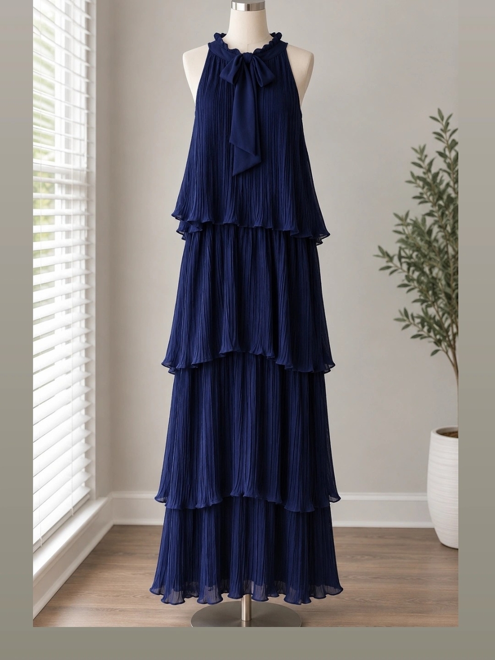 Tiered Navy Pleated Maxi Skirt - Women's Elegant Evening Skirt